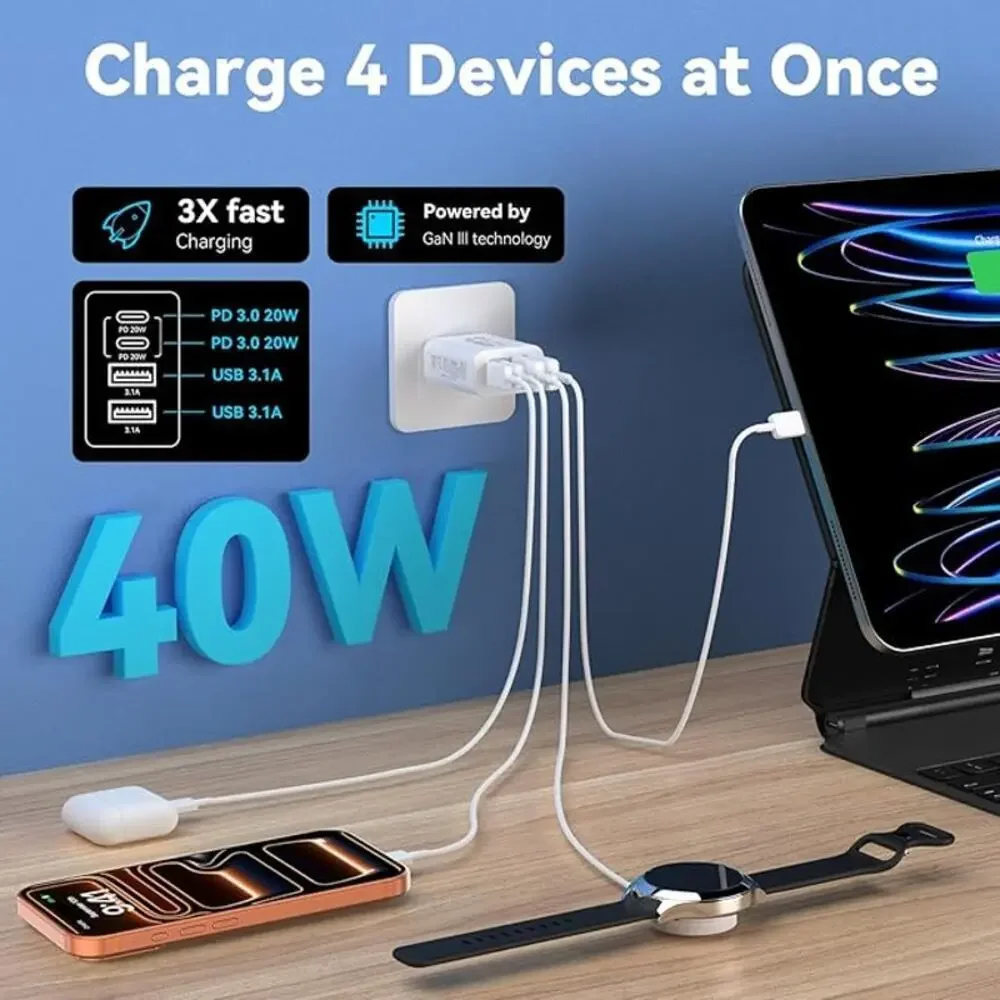 USB C Charger Block 2 Pack 40W Fast Charging 4 Port Wall Plug Power Adapter